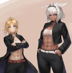 Rule 34 | 2girls, abs, animal ears, belt, black coat, black pants, blue eyes, blush, braid, breasts, caenis (fate), cleavage, coat, collarbone, cropped jacket, crossed arms, fate/grand order, fate (series), french braid, green eyes, grin, hairband, highres, jacket, large breasts, long hair, long sleeves, looking at viewer, medium breasts, mordred (fate), mordred (fate/apocrypha), multiple girls, navel, open clothes, open coat, open jacket, pants, ponytail, ranma (kamenrideroz), short hair, simple background, smile, white hair