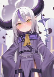 Rule 34 | 1girl, :&lt;, absurdres, ahoge, angry, ara1e, coat, demon girl, demon horns, hands on own hips, highres, hololive, horns, la+ darknesss, la+ darknesss (1st costume), long hair, looking at viewer, multicolored hair, pointy ears, purple hair, sleeves past fingers, sleeves past wrists, solo, streaked hair, sweat, virtual youtuber, white hair, yellow eyes