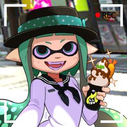 Rule 34 | 1girl, :d, alcoholrang, black hat, black neckerchief, black sailor collar, blunt bangs, blurry, blurry background, blush, commentary, double horizontal stripe, english commentary, engrish commentary, fangs, female inkling, green eyes, green hair, hand up, hat, holding, inkling, inkling girl, inkling player character, light blush, long hair, long sleeves, looking at viewer, lower teeth only, mask, neckerchief, nintendo, open mouth, outdoors, pointy ears, porkpie hat, recording, sailor collar, short bangs, short eyebrows, smile, solo, teeth, tentacle hair, upper body, upper teeth only, very long hair, viewfinder
