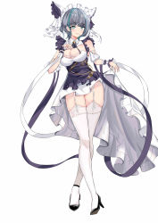 Rule 34 | 1girl, absurdres, animal ears, apron, azur lane, black footwear, blue eyes, blue hair, breasts, cheshire (azur lane), cleavage, dress, fake animal ears, frilled dress, frills, garter straps, high heels, highres, large breasts, looking at viewer, multicolored hair, puffy short sleeves, puffy sleeves, purple apron, purple hair, shoes, short sleeves, simple background, skirt hold, solo, streaked hair, thighhighs, two-tone hair, white background, white dress, white garter straps, white thighhighs