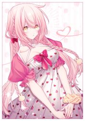 Rule 34 | 1girl, bow, braid, breasts, cleavage, collarbone, criss-cross halter, dress, food print, hair ornament, halterneck, heart, highres, medium breasts, original, pink bow, pink hair, pink ribbon, pleated dress, puffy short sleeves, puffy sleeves, rabbit hair ornament, ribbon, rrk oekaki, scrunchie, short sleeves, solo, strawberry print, white dress, wrist scrunchie, yellow eyes, yellow scrunchie