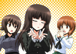 Rule 34 | 3girls, black hair, black jacket, black neckerchief, blouse, blunt bangs, brown eyes, brown hair, closed eyes, commentary request, covering own mouth, dress shirt, facing viewer, frown, girls und panzer, green skirt, grey shirt, highres, insignia, jacket, jewelry, kamishima kanon, kuromorimine school uniform, long hair, long sleeves, looking at another, mother and daughter, multiple girls, neckerchief, nishizumi maho, nishizumi miho, nishizumi shiho, ooarai school uniform, open mouth, orange background, parody, partial commentary, polka dot, polka dot background, ring, sailor collar, school uniform, serafuku, shirt, short hair, siblings, sisters, skirt, straight hair, umamusume, wedding band, white sailor collar, white shirt, wing collar