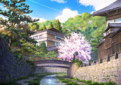Rule 34 | blue sky, bridge, building, canal, cherry blossoms, cloud, cloudy sky, contrail, day, falling leaves, fence, grass, highres, house, japan, leaf, light rays, niko p, no humans, original, outdoors, petals, rock, scenery, sky, sunbeam, sunlight, tile roof, tree, water