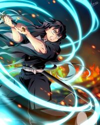 1boy aqua_eyes aqua_hair belt belt_buckle black_hair black_hakama black_jacket buckle buttons demon_slayer_uniform energy fire hakama hakama_pants hana_ni_nare highres holding holding_sword holding_weapon jacket japanese_clothes katana kimetsu_no_yaiba long_hair male_focus multicolored_hair pants sheath signature solo sword tokitou_muichirou veins veiny_arms weapon white_belt