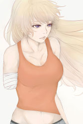 Rule 34 | 1girl, amputee, bandages, blonde hair, breasts, cleavage, groin, highres, long hair, midriff, navel, purple eyes, rwby, shio (k-193), sketch, solo, spoilers, tank top, white background, yang xiao long