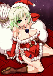 Rule 34 | 1girl, bare shoulders, blush, boots, breasts, cleavage, detached sleeves, female focus, from above, green eyes, green hair, hat, highres, huge breasts, jewelry, komeiji koishi, large breasts, looking at viewer, matching hair/eyes, n (dai n honpo), necklace, one eye closed, open mouth, sack, santa costume, santa hat, sitting, solo, touhou, wariza