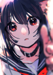 Rule 34 | 1girl, absurdres, animal ears, black hair, black sailor collar, blurry, blurry foreground, cat ears, collar, commentary, english commentary, highres, looking at viewer, original, parted lips, portrait, reaching, reaching towards viewer, red eyes, ritao kamo, sailor collar, school uniform, serafuku, shirt, solo, upper body, white shirt
