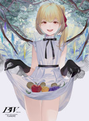Rule 34 | 1girl, :d, alternate costume, apple, bad anatomy, bare shoulders, black gloves, black neckwear, black ribbon, blonde hair, character name, cover, cowboy shot, crystal, day, dress, flandre scarlet, food, fruit, gloves, grapes, hair ribbon, halftone, highres, holding, holding clothes, holding skirt, lifting own clothes, looking at viewer, no headwear, one side up, open mouth, outdoors, red eyes, red ribbon, reeh (yukuri130), ribbon, short hair, skirt, skirt basket, sleeveless, sleeveless dress, smile, solo, thigh gap, thighs, touhou, tree, white dress, wings