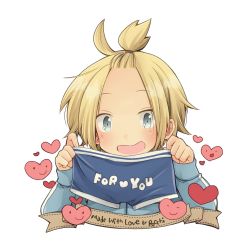 Rule 34 | 1boy, ahoge, bangs pinned back, blonde hair, blue eyes, blush, boxer briefs, english text, heart, highres, looking at viewer, male focus, male underwear, open mouth, original, pocchipocchi, simple background, solo, topknot, trap, underwear, white background