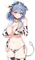 Rule 34 | 1girl, absurdres, ako (blue archive), animal collar, animal ears, animal print, areola slip, bare shoulders, bell, bikini, blue archive, blue eyes, blue hair, breasts, bridal gauntlets, cleavage, closed mouth, collar, commission, cow ears, cow print, cow print bikini, cow tail, cowbell, cowboy shot, curvy, ear tag, fake animal ears, fake horns, fake tail, hair over shoulder, halo, highres, horns, large breasts, light blush, long hair, looking at viewer, micro bikini, navel, neck bell, print bikini, print thighhighs, side-tie bikini bottom, simple background, skeb commission, solo, swimsuit, tail, thighhighs, underboob, white background, will77im