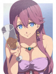 Rule 34 | 1girl, alcohol, arm behind back, armpit crease, bare arms, bare shoulders, blue background, blue eyes, border, breasts, champagne, champagne flute, chiharu (9654784), cleavage, closed mouth, collarbone, commentary request, cup, double-parted bangs, dress, drink, drinking glass, earrings, eiyuu densetsu, emma millstein, eyebrows hidden by hair, eyes visible through hair, gem, gradient background, green gemstone, grey dress, hair between eyes, hand up, head tilt, highres, holding, holding cup, holding drink, holding drinking glass, jewelry, large breasts, leaning forward, long hair, looking at viewer, necklace, outside border, purple hair, sen no kiseki, sidelocks, simple background, smile, solo, straight hair, strapless, strapless dress, upper body, white border