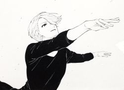 Rule 34 | 10s, 1boy, arms up, greyscale, hair over one eye, hakuto nochi, highres, looking up, male focus, monochrome, parted lips, standing, standing on one leg, viktor nikiforov, yuri!!! on ice