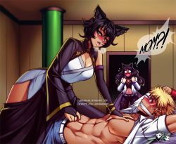 Rule 34 | 1boy, 2girls, abs, age difference, animal ears, assertive female, bdsm, bed, blake belladonna, blush, cat ears, female rapist, femdom, hetero, imminent rape, jadenkaiba, kali belladonna, bad tag, mature female, monster boy, monster girl, mother and daughter, multiple girls, muscular, naughty face, o o, restrained, rwby, sun wukong, surprised, text focus