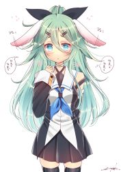 Rule 34 | 10s, 1girl, absurdres, animal ears, arm behind back, bad id, bad twitter id, black ribbon, blue eyes, blue neckerchief, blush, choker, cowboy shot, flying sweatdrops, green hair, hair between eyes, hair ornament, hair ribbon, hairclip, highres, kantai collection, long hair, looking at viewer, motion lines, neckerchief, pleated skirt, rabbit ears, ribbon, sailor collar, simple background, skindentation, skirt, solo, thighhighs, thought bubble, white background, yamakaze (kancolle), yuu zaki, zettai ryouiki