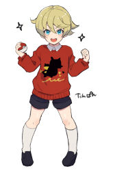 Rule 34 | 1boy, black shorts, child, creatures (company), full body, game freak, hair between eyes, holding, holding poke ball, kneehighs, long sleeves, looking at viewer, male focus, nintendo, open mouth, poke ball, pokemon, pokemon swsh, red sweater, shorts, simple background, socks, solo, sparkle, standing, sweater, white background, white socks, yoruhachi, youngster (pokemon)