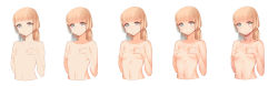 Rule 34 | 1girl, breasts, grey eyes, highres, long hair, md5 mismatch, multiple views, naso4, orange hair, resized, resolution mismatch, shading, simple background, small breasts, source smaller, upper body, upscaled, white background