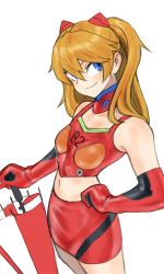 Rule 34 | 1girl, alternate costume, blue eyes, breasts, gloves, hair between eyes, hand on own hip, highres, holding, holding umbrella, long hair, looking away, medium breasts, navel, neon genesis evangelion, orange hair, parasol, plugsuit, race queen, shiny clothes, simple background, skirt, smile, solo, souryuu asuka langley, standing, toshinoshin, umbrella, wide hips