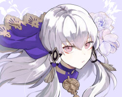Rule 34 | 1girl, commentary, fire emblem, fire emblem: three houses, highres, long hair, looking at viewer, lysithea von ordelia, nintendo, pink eyes, purple background, sidelocks, solo, veil, white hair, yachimata 1205