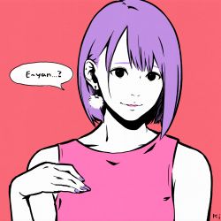 Rule 34 | 1girl, black eyes, dress, earrings, hair behind ear, hand up, highres, jewelry, looking at viewer, miyoshi yoshimi, nail polish, original, parted lips, pink dress, purple hair, purple nails, red background, short hair, simple background, smile, solo, speech bubble