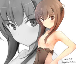 Rule 34 | 10s, 1girl, armpits, bad id, bad nicoseiga id, bare shoulders, blush, breasts, brown eyes, brown hair, dated, flat chest, hair between eyes, hair censor, hair over breasts, headgear, kantai collection, long hair, looking at viewer, mikanmelon, small breasts, solo, taihou (kancolle), twitter username, upper body, zoom layer