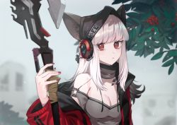 Rule 34 | 1girl, animal ears, arknights, blunt bangs, branch, breasts, cleavage, closed mouth, commentary, detached collar, expressionless, eyelashes, food, fox ears, frostleaf (arknights), fruit, grey shirt, grey sky, halberd, headphones, hood, implied extra ears, jacket, long hair, looking at viewer, material growth, medium breasts, nail polish, off-shoulder shirt, off shoulder, oripathy lesion (arknights), outdoors, polearm, red eyes, red jacket, red nails, shirt, silver hair, sky, solo, upper body, weapon, yuura
