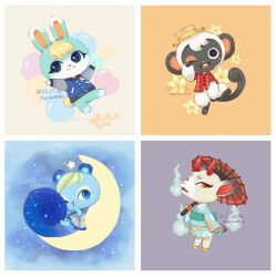 Rule 34 | 2boys, 2girls, ;&lt;, ;d, animal crossing, aqua kimono, arms up, artist name, balloon, blue eyes, blue jacket, blush, blush stickers, boater hat, border, brown headwear, buttons, closed mouth, collared shirt, commentary, crescent, crescent moon, dated, dress, english commentary, fang, floral print, flower, furry, furry female, furry male, green sash, grey background, grey dress, hat, heart, heart balloon, highres, holding, holding umbrella, horns, ione (animal crossing), jacket, japanese clothes, kimono, letterman jacket, long sleeves, looking at viewer, matchaneko, monkey boy, moon, multiple boys, multiple girls, niko (animal crossing), nintendo, obi, oil-paper umbrella, on crescent, one eye closed, open mouth, orange background, orange eyes, print kimono, purple background, rabbit balloon, rabbit boy, red horns, red shirt, red umbrella, sash, sasha (animal crossing), shino (animal crossing), shirt, short sleeves, simple background, sky, sleeveless, sleeveless dress, smile, split mouth, squirrel girl, star (sky), star (symbol), starry sky, teeth, umbrella, upper teeth only, white border, will-o&#039;-the-wisp (mythology), yellow flower