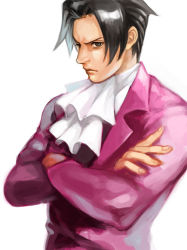 Rule 34 | 1boy, ace attorney, ace attorney investigations, ascot, black eyes, black hair, capcom, crossed arms, fingernails, formal, frown, grey hair, hair intakes, looking at viewer, magatsumagic, male focus, miles edgeworth, short hair, simple background, solo, suit, white background