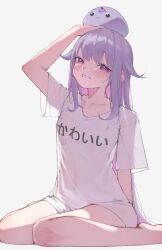 Rule 34 | 1girl, absurdres, arm up, barefoot, blush, breasts, collarbone, colored inner hair, grey hair, hair flaps, highres, hololive, hololive english, koseki bijou, long hair, looking at viewer, mascot, multicolored hair, no pants, on head, parted lips, pebble (koseki bijou), pink hair, print shirt, purple eyes, see-through, shirt, sidelocks, sitting, small breasts, smile, solo, t-shirt, theflatfacadeds, very long hair, virtual youtuber, wariza, white background, white shirt