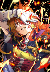 Rule 34 | 1girl, absurdres, arm up, armor, brown eyes, cape, fang, fire, gem, gloves, grin, hair over one eye, highres, ichi orgin, jacket, lina inverse, long hair, looking at viewer, orange hair, purple cape, red gemstone, red jacket, short sleeves, shoulder armor, slayers, smile, solo, upper body, white gloves