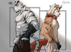 Rule 34 | 2boys, abs, animal ears, arknights, bara, black male underwear, bulge, dressing, facial hair, feet out of frame, from side, furry, furry male, goatee, highres, hung (arknights), i&#039;ve never seen a guy recreate this successfully tbh (meme), large pectorals, looking at bulge, male focus, male underwear, meme, mountain (arknights), multiple boys, muscular, muscular male, nipples, open pants, pants, pants lift, pectorals, scar, scar across eye, scar on arm, short hair, squiggle, stomach, thick eyebrows, thick thighs, thighs, tiger boy, tiger ears, topless male, trtoutoongo, undersized clothes, underwear, white hair, white male underwear