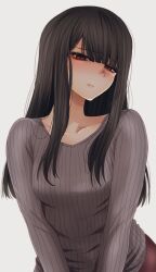 Rule 34 | 1girl, black hair, blush, brown sweater, closed mouth, highres, hoshi san 3, long hair, long sleeves, looking at viewer, original, red eyes, ribbed sweater, simple background, solo, sweater, upper body, white background