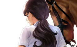 Rule 34 | animal, bad id, bad pixiv id, blush, bridle, brown eyes, brown hair, closed mouth, colored skin, commentary request, from behind, horse, ikuchan kaoru, long hair, low ponytail, multicolored skin, original, pink lips, shirt, short sleeves, simple background, solo, upper body, white background, white shirt