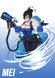 Rule 34 | 1girl, bad id, bad pixiv id, bare shoulders, beads, belt, belt pouch, black-framed eyewear, blue gloves, blue legwear, blue pants, breasts, brown eyes, brown hair, canister, canteen, character name, cleavage, coat, collarbone, covered navel, cowboy shot, drone, finger on trigger, glasses, gloves, gun, hair bun, hair ornament, hair stick, handgun, highres, holding, holding gun, holding weapon, hose, large breasts, legs together, lipstick, looking at viewer, machinery, makeup, mei (overwatch), michael.r, no bra, overwatch, overwatch 1, pants, parted lips, pink lips, pouch, robot, sidelocks, single hair bun, sleeveless, snowball (overwatch), solo, tank top, weapon