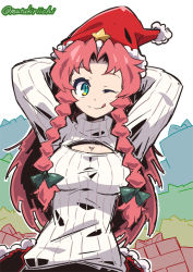 Rule 34 | 1girl, ;q, alternate costume, arms behind head, blue eyes, braid, breasts, cleavage, cleavage cutout, clothing cutout, hat, hong meiling, ichigatsu toshikazu, large breasts, looking at viewer, meme attire, mutsuki riichi, one eye closed, open-chest sweater, pink hair, ribbed sweater, santa hat, solo, star (symbol), sweater, tongue, tongue out, touhou, twin braids