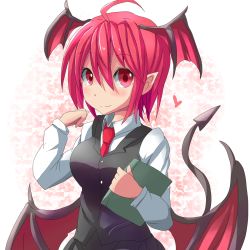 Rule 34 | 1girl, ahoge, alternate hair length, alternate hairstyle, bat wings, boots, breasts, demon tail, dress shirt, head wings, heart, highres, koakuma, kuromu (underporno), large breasts, looking at viewer, low wings, necktie, pointing, pointing at viewer, pointy ears, red necktie, shirt, short hair, skirt, skirt set, smile, solo, tail, touhou, wings