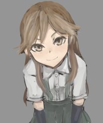 Rule 34 | 1girl, arashio (kancolle), arm warmers, black skirt, brown eyes, brown hair, buttons, closed mouth, commentary request, grey background, hair over shoulder, kantai collection, long hair, looking at viewer, pleated skirt, shirt, short sleeves, sidelocks, skirt, suspender skirt, suspenders, suzuya kirie, white shirt