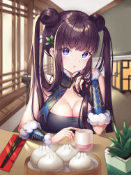 Rule 34 | 1girl, absurdres, bamboo steamer, bare shoulders, black dress, blue eyes, blunt bangs, blush, breasts, china dress, chinese clothes, chopsticks, cleavage, cup, detached sleeves, dim sum, double bun, dress, fate/grand order, fate (series), hair bun, hair ornament, hand in own hair, highres, large breasts, leaf hair ornament, long hair, looking at viewer, nowsicaa, open mouth, plant, potted plant, purple hair, sidelocks, sitting, solo, table, twintails, very long hair, yang guifei (fate), yang guifei (first ascension) (fate), yang guifei (second ascension) (fate)