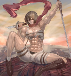 Rule 34 | 1girl, abs, bad id, bad pixiv id, black eyes, black hair, boots, breasts squeezed together, breasts, highres, mikasa ackerman, muscular, open fly, sainticon, scarf, shingeki no kyojin, solo, strap, sword, torn clothes, unzipped, veins, weapon