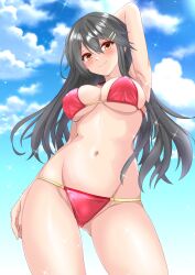 Rule 34 | 1girl, absurdres, alternate costume, arm at side, arm up, armpits, bikini, black hair, blue sky, breasts, brown eyes, closed mouth, cloud, commentary request, covered erect nipples, gluteal fold, hair between eyes, hair ornament, hairclip, haruna (kancolle), highres, kantai collection, large breasts, long hair, looking at viewer, navel, nitamako (sakamalh), red eyes, sky, smile, solo, string bikini, swimsuit
