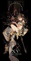 Rule 34 | brown hair, earrings, fate/grand order, fate (series), gem, ishtar (fate), jewelry, long hair, one eye closed, red eyes, revealing clothes, single thighhigh, smile, solo, starshadowmagician, tarot, tarot (medium), the devil (tarot), thighhighs, tiara