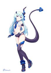 Rule 34 | 1girl, aqua hair, armlet, ass, asymmetrical horns, bare shoulders, black gloves, black panties, blush, boots, breasts, commentary request, danraz0r, ehart, expressionless, full body, gloves, hair between eyes, hair ornament, hair ribbon, highres, honkai (series), honkai impact 3rd, horns, liliya olenyeva, long hair, looking at viewer, mechanical tail, navel, open clothes, panties, purple eyes, ribbon, simple background, single horn, small breasts, solo, standing, tail, thighhighs, twitter username, underwear, uneven horns, white background