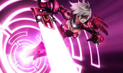 Rule 34 | 1girl, alternate costume, armor, beam saber, breasts, cleavage, cleavage cutout, clenched teeth, clothing cutout, dark-skinned female, dark skin, energy sword, female focus, gauntlets, goggles, goomrrat, gradient background, holding, holding sword, holding weapon, large breasts, league of legends, magic circle, parted lips, riven (league of legends), short hair, shoulder pads, solo, sword, teeth, visor, weapon, white hair