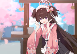 Rule 34 | absurdres, akita-kun, apron, bell, blue archive, blue skirt, bow, brown hair, calling, cherry blossoms, day, falling petals, floral print, food stand, frilled apron, frilled kimono, frills, hair bell, hair bow, hair ornament, halo, highres, japanese clothes, kimono, long hair, maid, maid headdress, outdoors, petals, pink bow, pink halo, pink kimono, purple eyes, ribbon, shizuko (blue archive), skirt, two side up, very long hair, wa maid, waist apron, white apron, wide sleeves