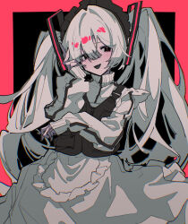 Rule 34 | 1girl, absurdres, apron, black eyes, black nails, black vest, blush, dress, full burrrrrrst, hair between eyes, hatsune miku, highres, jacket, long hair, looking at viewer, maid headdress, nail polish, open mouth, simple background, sleeves past wrists, solo, track jacket, twintails, two-tone background, very long hair, vest, vocaloid, white apron, white dress, white hair, white jacket