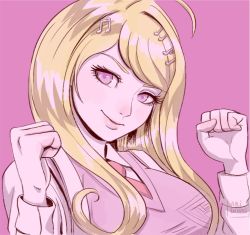 Rule 34 | 1girl, ahoge, akamatsu kaede, blonde hair, breasts, commentary, danganronpa (series), danganronpa v3: killing harmony, eighth note, fortissimo, gloves, hair ornament, hands up, large breasts, long hair, long sleeves, looking at viewer, missarilicious, musical note, musical note hair ornament, necktie, pale skin, pink background, pink sweater vest, portrait, purple eyes, shirt, signature, simple background, smile, solo, sweater vest, upper body, white shirt