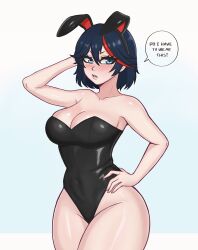 Rule 34 | 1girl, animal ears, arm behind head, bare legs, black hair, black leotard, blue eyes, blush, breasts, cleavage, collarbone, covered navel, cowboy shot, curvy, embarrassed, english text, fake animal ears, hand on own hip, highres, kill la kill, large breasts, leotard, matoi ryuuko, mikopixy, multicolored hair, rabbit ears, short hair, simple background, solo, strapless, strapless leotard, streaked hair, thick thighs, thighs, wide hips