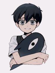 Rule 34 | 1boy, black sweater vest, collared shirt, crossed arms, grey eyes, highres, looking at viewer, male focus, nervous smile, nervous sweating, omori, parted lips, sebon (sebochin), shirt, short sleeves, simple background, smile, solo, something (omori), sunny (omori), sweat, sweater vest, upper body, white background, white shirt