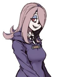 Rule 34 | 1girl, black necktie, breasts, collared shirt, eyeshadow, little witch academia, long hair, luna nova school uniform, makeup, medium breasts, mori no yousei, necktie, one eye covered, open mouth, pink hair, red eyes, school uniform, sharp teeth, shirt, simple background, smile, solo, sucy manbavaran, teeth, upper body, white background, witch