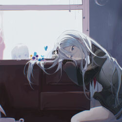 1girl blue_eyes blue_hair blush bug butterfly closed_mouth flower grey_hair hair_between_eyes hair_spread_out highres insect light_blue_hair long_hair long_sleeves mumi_(mumicarbonic) neckerchief parka project_sekai sitting smile solo star_(symbol) two-tone_neckerchief very_long_hair white_hair window yoisaki_kanade