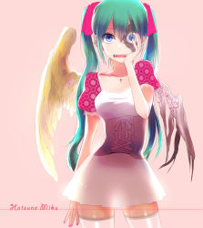 Rule 34 | 1girl, alternate costume, android, aqua hair, asymmetrical wings, bad id, bad pixiv id, blue eyes, damaged, ear piercing, fangs, hatsune miku, highres, mechanical parts, open mouth, piercing, simple background, skirt, solo, thighhighs, twintails, vocaloid, wings, yokoyari mengo, zettai ryouiki